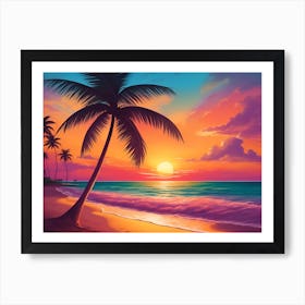 A Tranquil Beach At Sunset Horizontal Illustration 21 Art Print