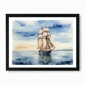 Sailing ship on the sea, watercolor painting Art Print