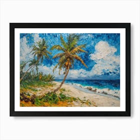 A Painting Of Two Palm Trees On The Beach Art Print