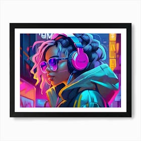 Neon Girl With Headphones Art Print