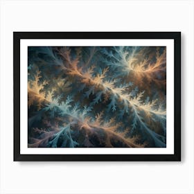 Abstract Fractal Art Resembling Frosty, Delicate Branches In Shades Of Blue, Teal, And Orange Against A Dark Background Art Print