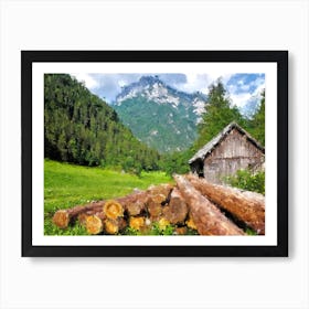 Lonely House And Wood Near The Forest And Mountains Oil Painting Landscape Art Print