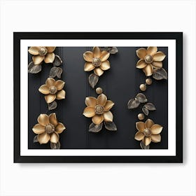 3d Artwork Illustration Background with Golden Jewelry and Flowers 2 Art Print