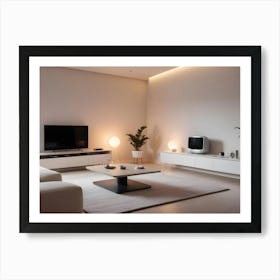 A Modern Living Room Interior With A White Sofa, A Large Window, And A Tv On A White Wall With Accent Lighting, Creating A Minimalist And Modern Aesthetic Art Print