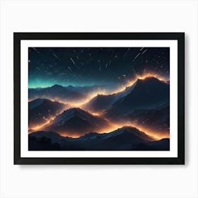 A Dramatic, Nighttime Landscape Of Mountains With Glowing, Fiery Trails, Creating A Sense Of Wonder And Awe Art Print