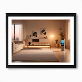 A Modern Living Room With A White Sofa, A Fireplace, A Smart Speaker, And A Window With A City View At Sunset Art Print