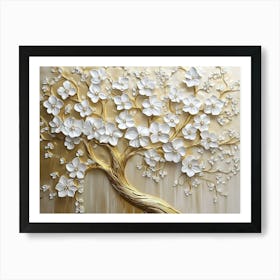 Tree Of Life. 3d Stunning Floral Tree with White Flowers Leaves on Golden Stems Art Print