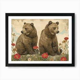 Floral Animal Illustration Grizzly Bear 2 Poster