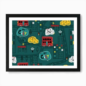 Seamless Pattern Hand Drawn With Vehicles Buildings Road Art Print