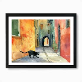 Black Cat In Taranto, Italy, Street Art Watercolour Painting 3 Art Print