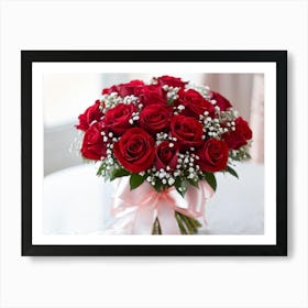 Bouquet Consisting Of Deep Red Roses Interlaced With Delicate Babys Breath Soft Pink Peonies Peeki Art Print