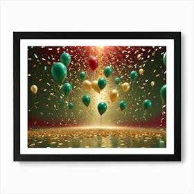 Festive Background Featuring Green, Gold, And Red Balloons Floating Amidst Falling Confetti Against A Dark Red Backdrop, Illuminated By A Bright Spotlight Art Print