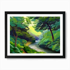 Landscape Illustration Nature Forest River Water Reflexes Shadows Plants Vegetation Trees Light Morning Art Print