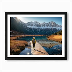 Woman trekking at snowy winter Alps, Rocky Mountains 3 Art Print