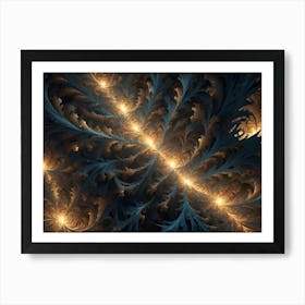 Abstract Fractal Art Resembling Golden Flowers Or Celestial Bodies Against A Dark Blue Background Art Print