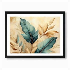 Vintage Tropical Green Brown Leaves, Beige Background, Golden Texture 9 Art Print