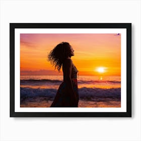 African Woman Radiant Smile Embracing The Warmth Of A Summer Sunset Silhouette Outlined Against T (1) Art Print