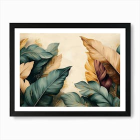 Vintage Tropical Green Brown Leaves, Beige Golden Texture 2 Art Print