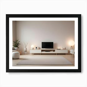 A Minimalist Living Room With A Beige Wall, White Furniture, And A Large Tv Art Print