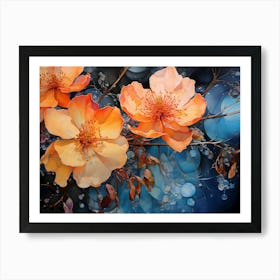 Abstract Flowers Blue Orange. Livingroom print art Art Print