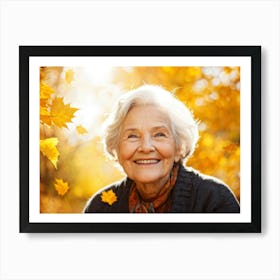 Elderly Woman Radiating Joy Amidst Crisp Autumn Leaves Close Up Orange Yellow Foliage Surrounding (3) Art Print