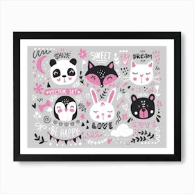 Big Set With Cute Cartoon Animals Bear Panda Bunny Penguin Cat Fox Art Print