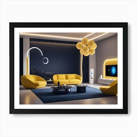 A Modern Living Room With A Dark Blue Wall, Yellow Furniture, And A Large Tv Art Print