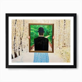 Woman In Winter Holding Painting Of Man In Summer In Same Setting Art Print