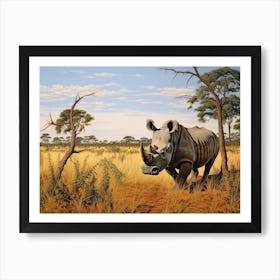 Black Rhinoceros Grazing In The African Savannah Realism 1 Art Print