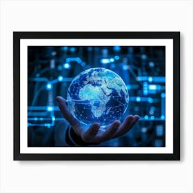 Blue Fingertip On Digital Globe Symbolizing Connection Artificial Intelligence Intertwining With Hu (1) Art Print