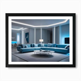 A Modern Living Room With A Blue Sofa, A White Coffee Table, And A Tv On A Wall Painted White With Blue Accent Lighting Art Print