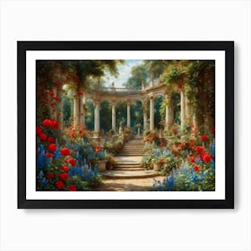 Geraniums red, and Delphiniums, blue Art Print