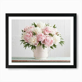 A Bouquet Of Pastel Pink And Pristine White Peonies With Hints Of Red Arranged Densely In A Natural (2) Art Print