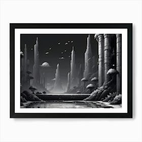 A Black And White, Pixelated Illustration Of A Futuristic Cityscape With Tall Buildings, Trees, And A River Art Print