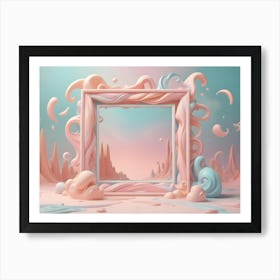 3d Illustration Of A Surreal Scene With A Frame, A Wave Of Liquid, And Floating Orbs Art Print