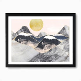 Gold Moon Navy Marble Mountains Landscape Art Print