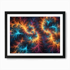 Abstract Image Featuring Intricate Swirling Patterns In Shades Of Orange, Blue, And Purple, Reminiscent Of Frost Or Delicate Foliage Art Print