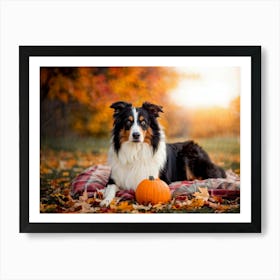 Autumnal Backdrop Transitioning Into Winter An American Border Collie Sits On A Bed Of Fallen Leave (3) Art Print