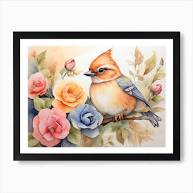 Whimsical Charm Cute Bird With Roses Art Print