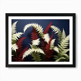 Abstract Image Of A Leafy, Fern Like Pattern With Contrasting Colors Of Red And White Against A Deep Blue Background Art Print