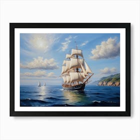 Sailing ship on the sea, oil painting Art Print