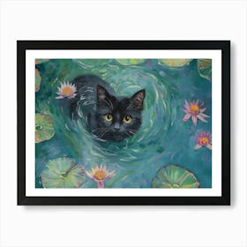 Black Cat In The Pond Art Print