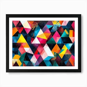 Vibrant Geometric Pattern with Colorful Triangles and Squares in Abstract Art Print