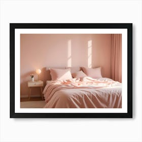 A Bedroom With A Pink Wall, White Bedding, And A Wooden Side Table With A Lamp Art Print