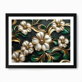 Luxury Floral Seamless With Flowers Elegant Leather Texture Illustration Background In Golden, Green, White 4 Art Print