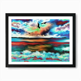 Ocean Waves Seagulls Birds Colorful Sea Art Print