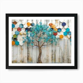 Lattice Overlay on Oak Showcasing a Turquoise Tree Against a Backdrop of Colorful Hexagons Art Print