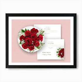 Bouquet Of Deep Red Roses Intertwined With Delicate Babys Breath And Lush Greenery Set Against A (4) Art Print