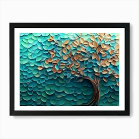 Abstract 3d Tree With Swirling Turquoise, Blue, And Brown Leaves, Dynamic Green Hexagon Art Print