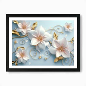 3d White And Pink Flowers With Golden Swirls And Leaves Art Print